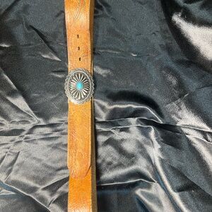 1970’s Vintage Leather Belt with Silver and Turquoise Buckle